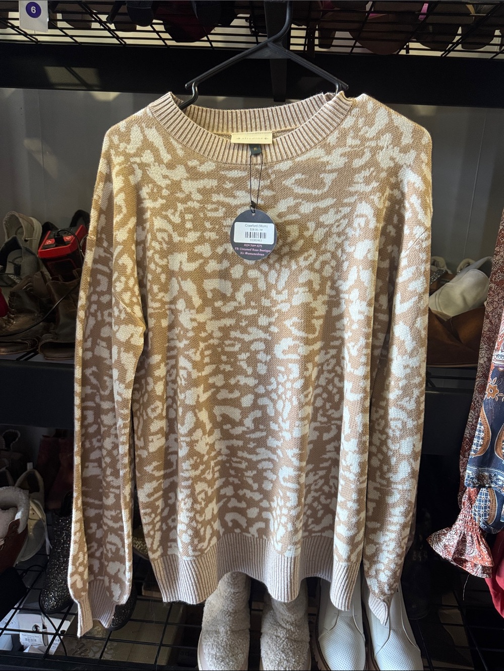 Cream and Tan Patterned Crewneck Sweater - Women